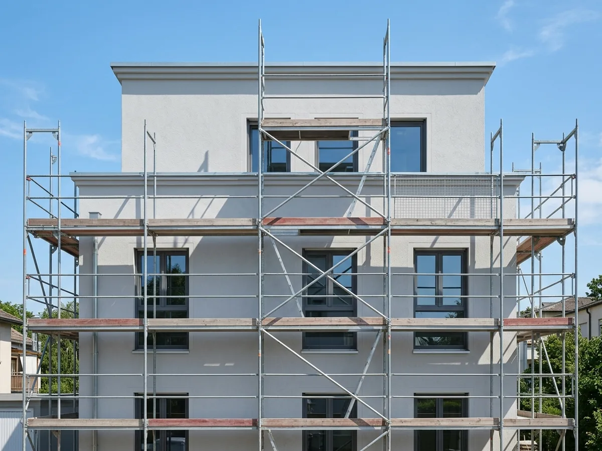 Gerüst an einer Hausfassade mit Firmenbanner von Meiners & Meiners